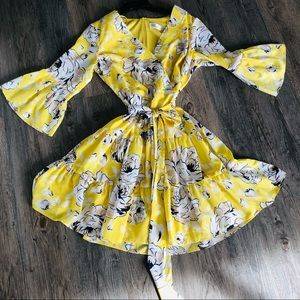 Eliza J yellow and floral ruffle flare dress